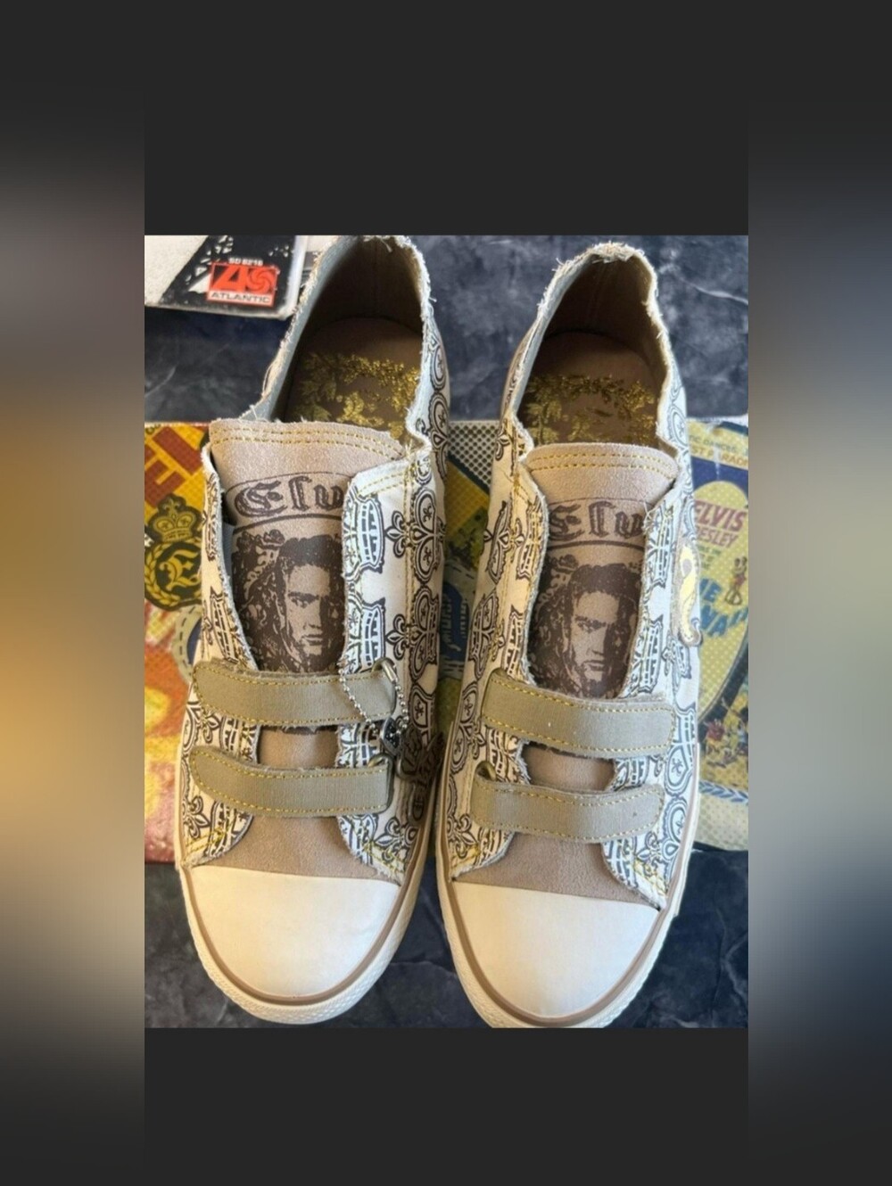 Elvis Retro Men's Graphic Canvas Velcro Sneakers in Beige and Cream Size 11